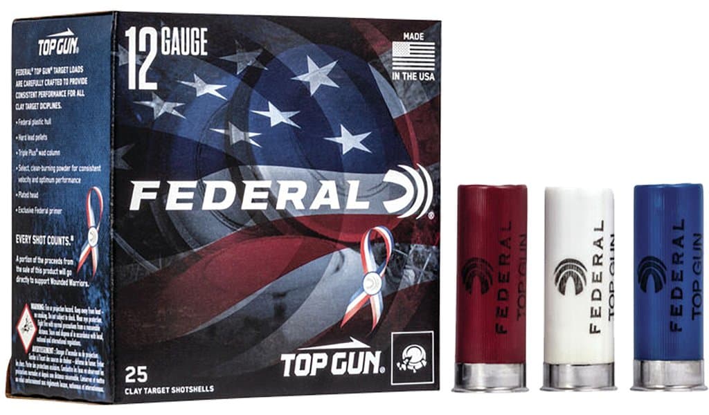Box of Federal Top Gun red, white, and blue Patriot shotgun shells